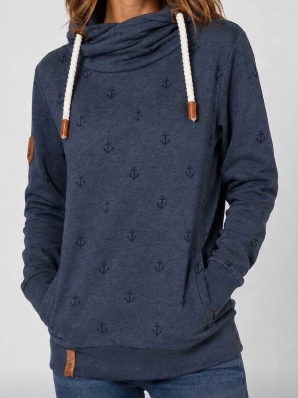 Naketano Navy Anchor-Print Cowl Hoodie with White Rope Drawstrings Size Medium